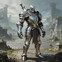 highly detailed elden ring portrait photo of a huge chrome plated humanoid mumakil - knight standing amid a huge tiled battlefield and is waiting for its next opponent in scenic environment, hyperrealistic illustration by william didier - pouget