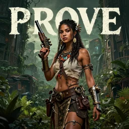 cover illustration of a young very beautiful cute tribal woman with a steampunk gun, in a post apocalyptic city overgrown with lush vegetation, by Luis Royo, by Greg Rutkowski, dark, gritty, intricate, concept art, volumetric lighting, volumetric atmosphere, octane render, trending on artstation, 8k