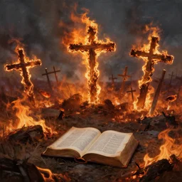 burning crosses and bibles in an apocalyptic landscape, fields of embers, hyper realism, painted by giger, 4 k