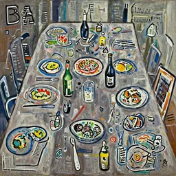 painting of a dinner table with food by graham sutherland, basquiat!!, neo - expressionism, muted colors!