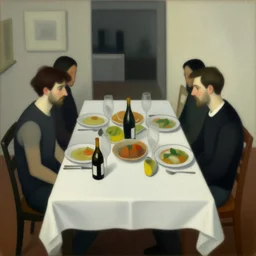painting of a dinner table with food by graham sutherland, basquiat!!, neo - expressionism, muted colors!