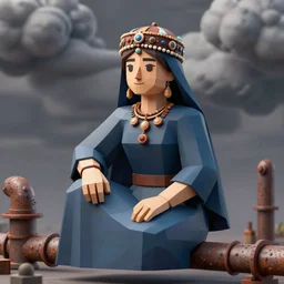 portrait of medieval farmer woman with wooden jewelry, mediterranean features, wearing rich jewerly hat and deep blue boho poncho, fantasy character close up portrait, sitting dynamic pose, Low poly, thunder clouds in the sky, artwork by Jeremy Lipkin and Giuseppe Dangelico Pino and Michael Garmash and rob rey, levitation, industrial rusty pipes, simple form, brutal shapes