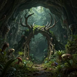 underground cave on an exotic alien planet, dark jungle gates of antler trees, insectile plants, gnarled stumps and weed overgrowth, demon faces, skulls, by ian miller, rodney matthews and artstation, hyperdetailed, photorealistic render