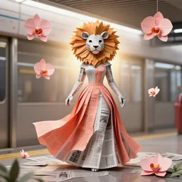 a subway stop made out of newspaper, anthropomorphic lionness woman wearing a flowing salmon colored paper dress, paper origami, many origami orchid flowers, heavenly light, 3 d, very detailed, octane render, trending artstation, artgem