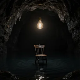concept art, black cave lake, chair under an edison bulb in empty black space, cgsociety, steampunk, surreal, extreme contrast, sunken in black water, void