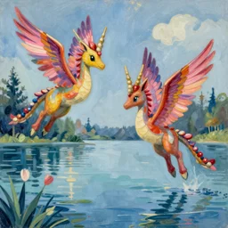 Two flying alicorns over a lake, artwork by Henri Rousseau