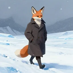an anthropomorphic fennec fox man wearing a long coat walking across a glacier, hands in pockets, blizzard, character illustration by Aaron Miller, Greg Rutkowski, thomas kinkade, Howard Pyle, disney, El Greco, Cynthia Sheppard