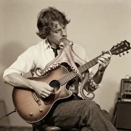 vintage photograph of an octopus playing folk blues guitar with its tentacles