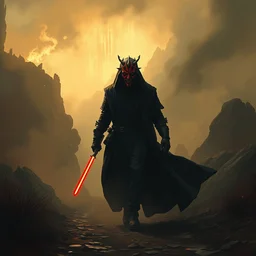 a painting of a cinematic keyframe of a star wars mysterious darth maul walking into a cinematic landscape, heavy atmosphere and smoke by greg rutkowski, rule of thirds, golden ratio, ambient lighting, wlop, artgerm, artstation, highly detailed masterpiece, dark fantasy art, high detail, trending on artstation