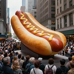 a photograph of a giant hotdog sculpture in the center of a new york street, a large crowd have gathered, by Claes Oldenburg, pop art, 3D render, Volumetric dynamic lighting, Highly Detailed, Cinematic Lighting, Unreal Engine, 8k, HD