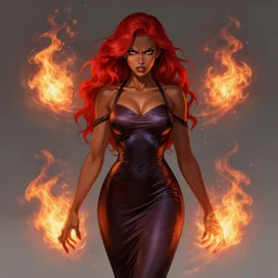 full body portrait of beautiful sorceress, black skin, skintight cocktail dress, detailed face, red hair, angry, fireballs, dark fantasy, extremely detailed, smooth, sharp focus, digital illustration, by rossdraws, sakimichan, wlop