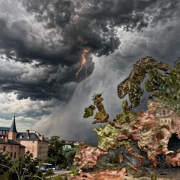 photograph of severe weather storms across Europe, architecture, detailed textures, hyper realistic, cinematic lighting, urban art style, climate change, digital art painting by greg rutkowski, cinematic, concept art, 35mm grain filter