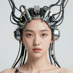 very beautiful woman integrating with technology, full face frontal centered, portrait, insipiring, detailed intricate ornate cables connected to head, big open electric eyes, luxurious detailed abundent wiring and implants, diamonds, ruby, sci - fi, neon, emeralds, detailed technology background with cyber flowers and insects, highly detailed, artstation, 8 k, by johanna martine