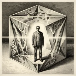 portrait of a man standing in the center of a high dimensional polytope hypercube dodecahedron tesseract made of energy and spacetime fluctuating at the oscillatory rate of brain waves marc simonetti mc escher piet mondrian ismail inceoglu anato finnstark jacques callot albrecht durer john flaxman gustav dore engraved ink stamp aquatint etching intaglio 4k artstation wikiart wikipedia