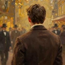 we see ewan mcgregor from behind. gentleman ´ s outfit at early 2 0 th century paris, atmospheric feeling, warm colours, brown colours, yellow colours, epic scene, cinematic, very detailed, oil painting