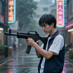 a student holding a heavy machine gun. The student is standing in the rain. Neon signs in the background alongside tall downtown cyberpunk buildings. A dog is being walked on a leash in an alley. Trending on artstation. Octane render, unreal engine, 4k.