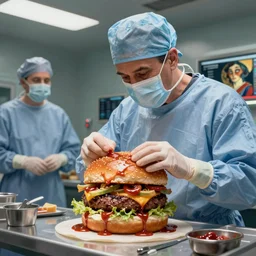 Christopher Walken performing emergency surgery on a big mac hamburger, dripping BBQ Sauce, operating on burgers, operating room, surgical gear, intricate, elegant, highly detailed, digital painting, artstation, concept art, matte, sharp focus, illustration, art by Artgerm and Greg Rutkowski and Alphonse Mucha