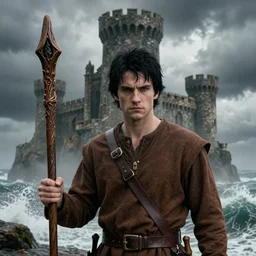 photographic portrait of young adult male wizard from the waist up with black hair wearing a brown jerkin and bandolier and wielding an intricate wooden staff in front of a castle or stone structure or rock tower and turrets by the sea, photorealistic, dramatic lighting, intense clouds, sharp detail, hyper realistic, foggy atmosphere, intense facial expression, octane render, ocean waves crashing
