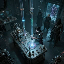 cyberpunk  room top view with girl on  table  laboratorie experiment attache , liquide in tube, technologique , technomancer , alien experimente the futur dark by Greg Rutkowski, Sung Choi, Mitchell Mohrhauser, Maciej Kuciara, Johnson Ting, Maxim Verehin, Peter Konig, Bloodborne , 8k photorealistic, cinematic lighting, HD, high details, atmospheric , trending on artstation