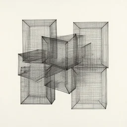 abstract, disturbing, a wireframe expression of matrices, minimal, black ink stamp of off white paper