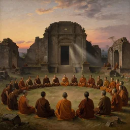 crowd of monks sitting in circular formation in temple ruins with stunning evening dusk light and god rays, old dutch era master painting by hsiao - ron cheng, miho hirano, john singer sargent