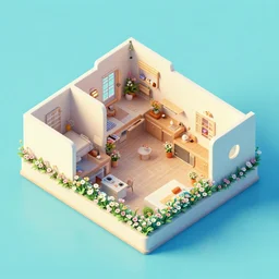 apartment flat with 4 rooms decorated with flowers, isometric, octane render, volumetric lighting