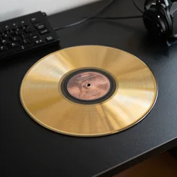 a golden record on a black desk,
