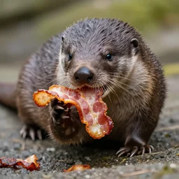 Platypus eating a bunch of crispy bacon. Nature photography. Photorealistic