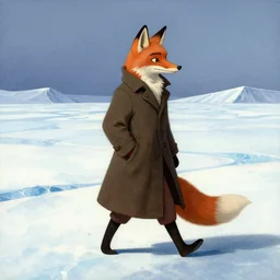 an anthropomorphic fox man wearing a long coat walking across a glacier, character illustration by greg rutkowski, thomas kinkade, Howard Pyle, disney, El Greco, Cynthia Sheppard