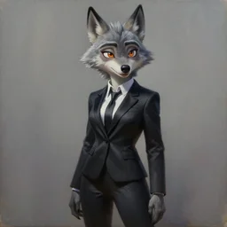 oil painting detailed full body of anthromorphic female wolf, in style of zootopia, zootopia, zootopia, fursona, furry, furaffinity, 4 k, deviantart, furry art, fursona art, wearing black business suit, business suit, in style of zootopia, wolf fursona, cyberpunk, female, detailed eyes, expressive, detailed feminine face,