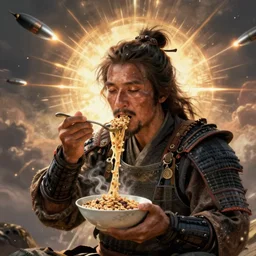 battle-weary samurai eating king wheat cereal as missiles fly overhead