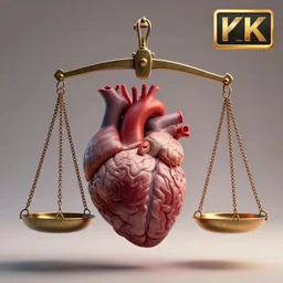 scale of justice, heart vs brain, realistic 3 d render 4 k, high detailed photography, 5 0 mm lens, rich colors, smooth gradients, depth of field, cinematic, hyper realism, high detail, octane render, unreal engine, 8 k