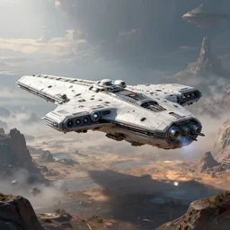 space frigate landed on a alien landscape, artstation, volumetric light, high detail, reflections, perfect, concept art, hdr, 4 k