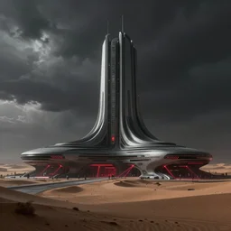 futuristic atmosphere in the desert 3 d concept art, cinematic lighting, bladerunner scene, intricate details, building by zaha hadid, stormy weather, emissary space by arthur haas and bruce pennington and john schoenherr, cinematic matte painting, dark moody monochrome colors, red lasers, trending on artstation, featured on behance