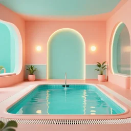 archviz photo of a 1980s still life scene of a liminal swimming pool, 1985 art deco revival style, peach and teal pastel complimentary colors + complimentary neon lighting, 8k, v-ray, ray tracing