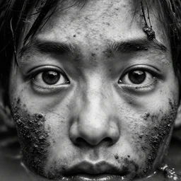 close - up portrait of eyeballs in swamp mud, cinestill 8 0 0 t 3 5 mm b & w, heavy grain, high quality, noir, natural textures, photorealistic, ambient occlusion, hd, ultra wide lens, anamorphic, detailed face by sebastao salgado