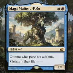 magic the gathering card - a giant stone - oak beast - standing in front of a medieval town