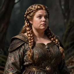 female dwarven noblewoman, chubby short stature, braided intricate hair, by dan hillier