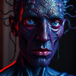 a dark crimson cobalt blue humanoid, hyper detailed, intricate, in the style of salvador dali, selfie, volumetric lighting, ray tracing