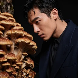 a man merged with a fungal growth, he is drenched in huge sweaty droplets, high fashion, yves saint laurent