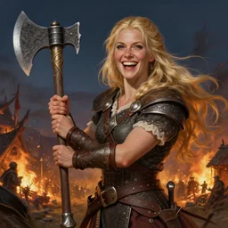 an ultradetailed picture of blonde viking woman holding a battleaxe and laughing, d & d, fantasy, intricate, elegant, highly sharp focus, illustration, digital painting, smiling playfully, burning village in the background, night time raid, 8 k, artstation, fine detail, art by frank frazetta, john collier, albert aublet, krenz cushart, artem demura, and alphonse mucha