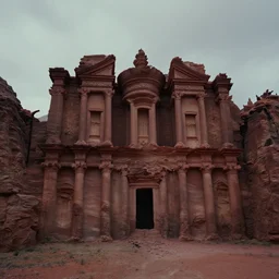 an atmospheric film still by Ridley Scott with a huge towering dark gothic cathedral carved out of rock at the top of a red rock canyon