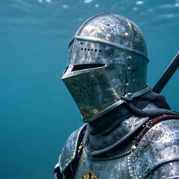 Underwater photo of a medieval knight by Trent Parke, close up, clean, detailed, Magnum photos