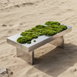 a modern table made of rectangle tetris, made of silver steel and moss, octane render, trending on artstation, on the rough sand