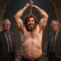 hyperrealistic zach galifianakis smiling while hung by the neck noose, stunning 3 d render inspired by istvan sandorfi & greg rutkowski & mike judge, perfect symmetry, dim volumetric cinematic lighting, 8 k octane comprehensive render, extremely mega hyper - detailed and lifelike attributes & atmosphere, intricate, realistic flesh texture, masterpiece, artstation, stunning,