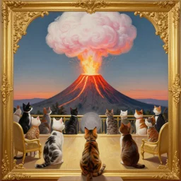 painting of cat villagers witnessing a volcano erupting cotton candy, by justin cheung, by greg hildebrandt, by wlop, charlie bowater, golden ratio, symmetric, elegant, ornate, luxury, elite, matte painting, cinematic, trending on artstation, deviantart, 8 k, high resolution, by eddie mendoza, by peter mohrbacher