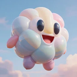 elaborate, giant, massive, detailed, shiny, 3 d, pastel, blowup balloon character with eyes and mouth, twisting geometry, floating in a painted sky, cinematic, 4 k by'jordan coelho'and brolga