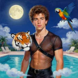painting portrait of a ( ( ( una tequila ) ) ), ( ( guapo joven nick jonas ninja with a tiger head poolside ) ), nubes y magia, la luna, parrot, concept character, by greg rutowski and tezuka and oi and mucha and bierstadt and remington, trending on artstation