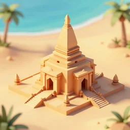 matte 3 d low poly scene of a desert temple, lat lighting, isometric perspective on tropical beach background, soft shadows, 3 d render, monument valley, fez game,