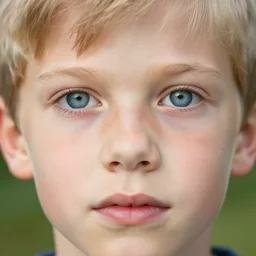 a closeup portrait of a boy with blonde hair and light blue eyes. Extremely clear and high quality eyes with reflection, realistic face and details, clear lips and high quality